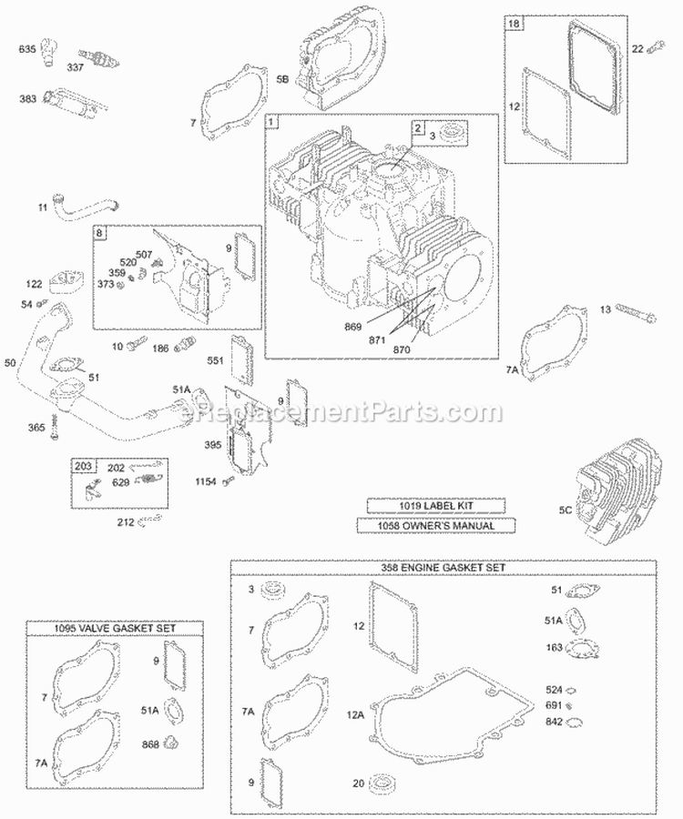 Crankcase CoverCylinder Head KitGasket Sets - Engine KitGasket Sets - Valve Diagram and Parts List for 463707-0143-E2  Briggs and Stratton Engine